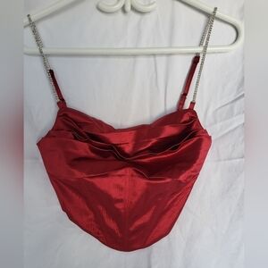 L'VOW Women's Ruched Satin Bustier Backless Boned Rhinestone Spaghetti Straps